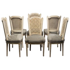 Antique Set of Six French Painted and Caned Back Chairs