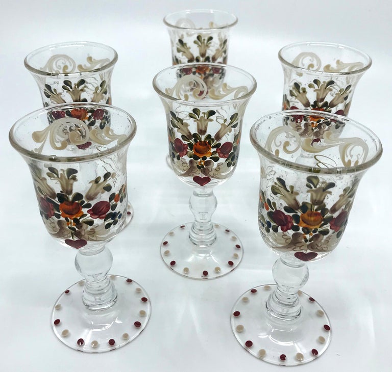 Hand-Painted Set of Six French Painted Sherry Glasses For Sale