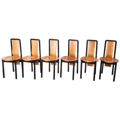 Set of Six French Pierre Cardin Pecan and Ebonized Maple Wood Chairs, 1970s