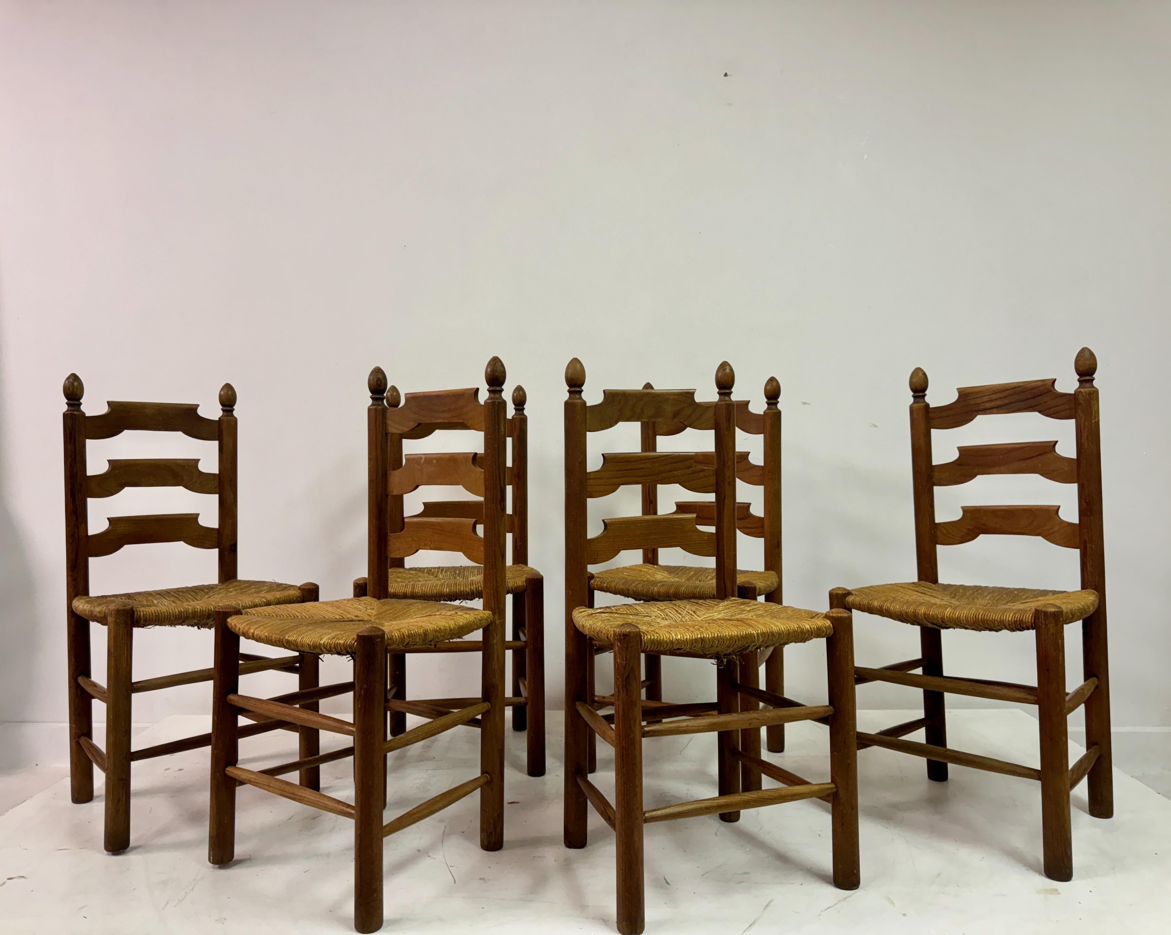 French Provincial Set of Six French Pine and Rush Dining Chairs For Sale