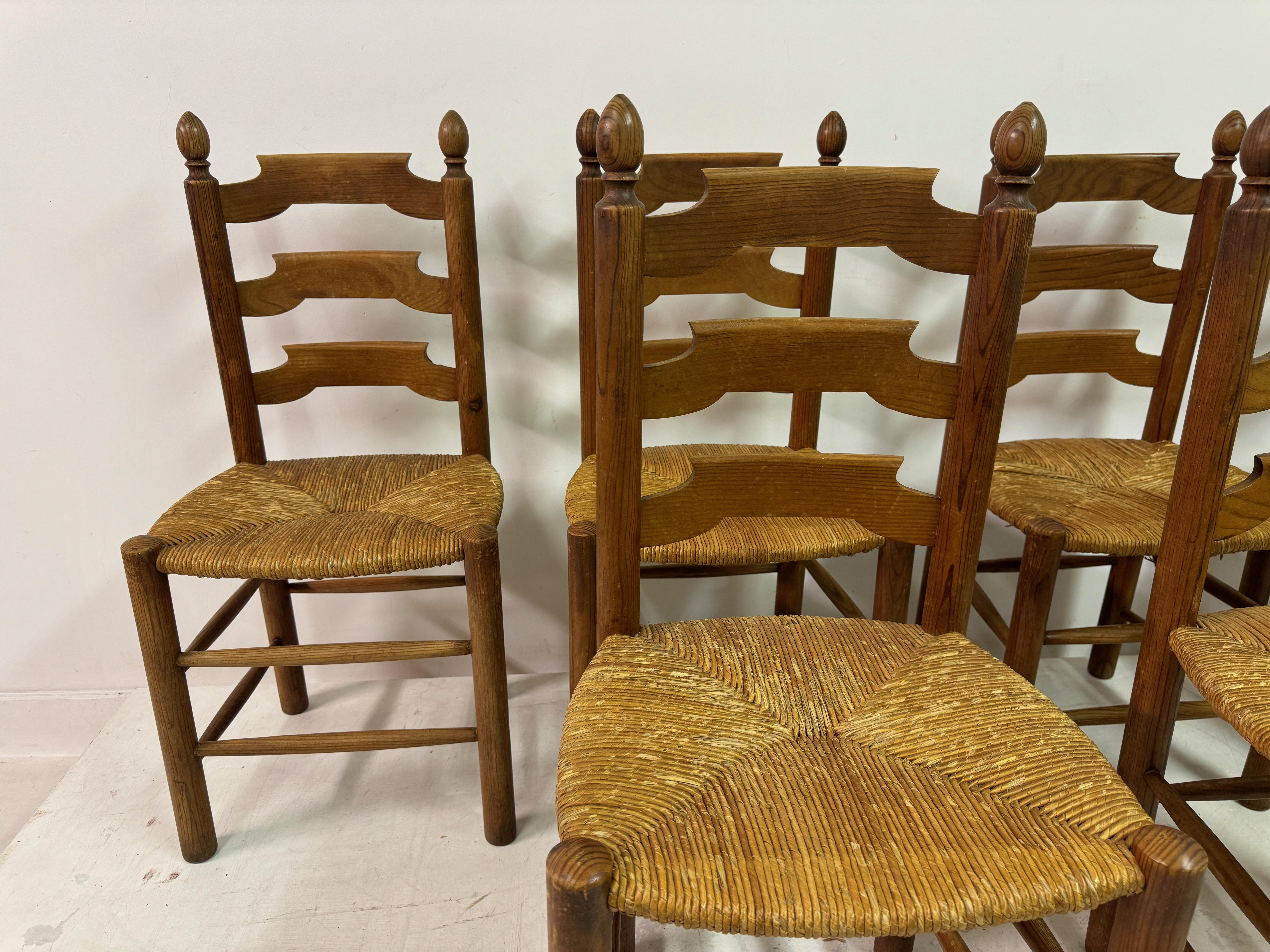 Set of Six French Pine and Rush Dining Chairs For Sale 2