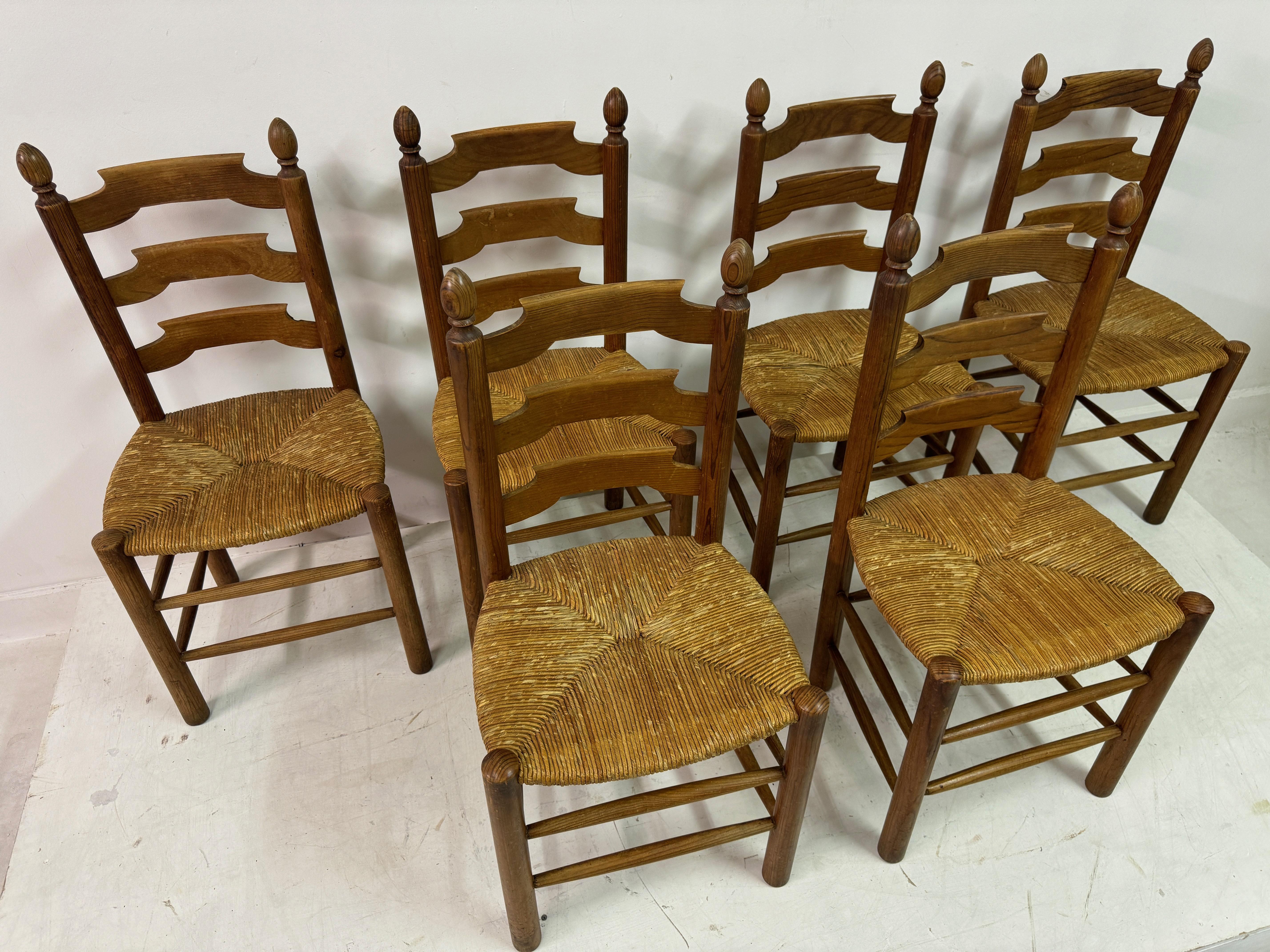 Set of Six French Pine and Rush Dining Chairs For Sale 3