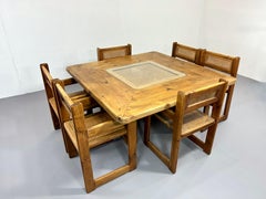 Set of six French Pinewood and Papercord chairs with Table
