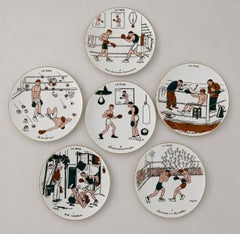 Set of Six French Porcelain Boxing Theme Plates