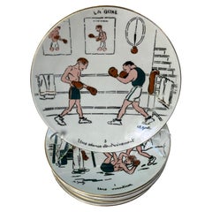 Set of Six French Porcelain Boxing Theme Plates