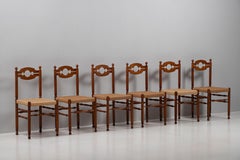 Set of Six French Provincial Bobbin-Turned Rush Chairs, France, 1940s