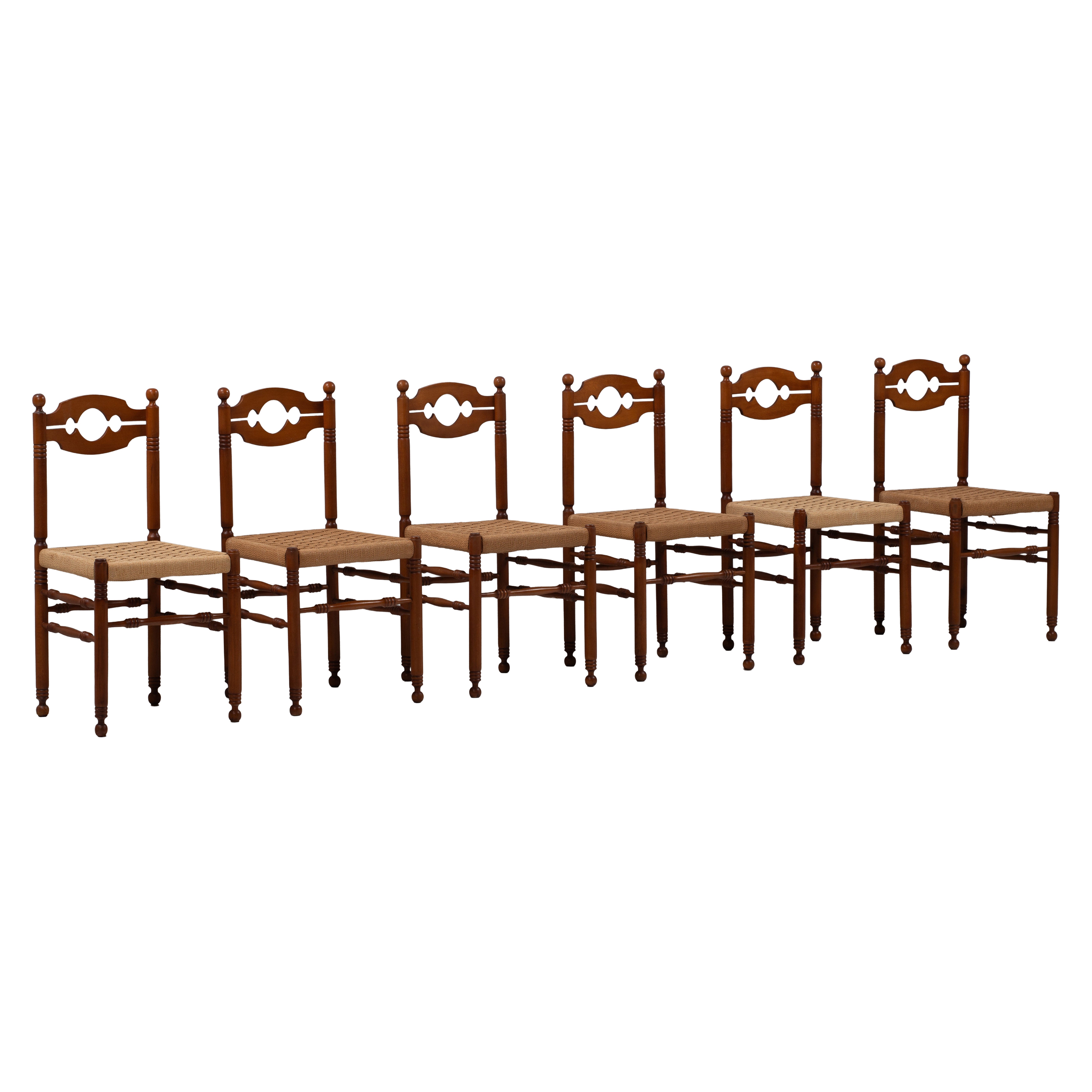 Set of Six French Provincial Bobbin-Turned Rush Chairs, France, 1940s For Sale