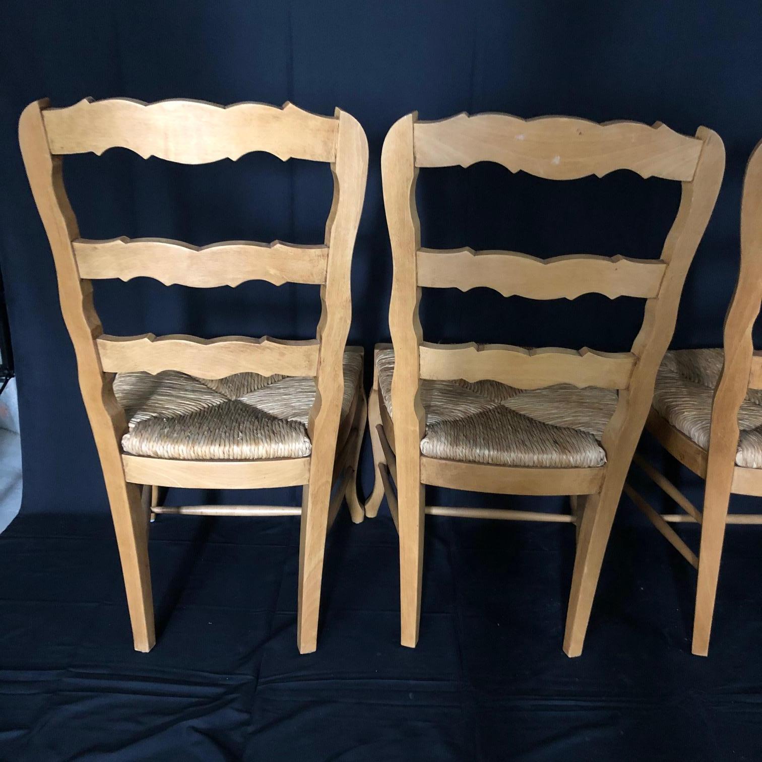 Set of Six French Provincial Carved Ladderback Dining Chairs with Rush Seats 6