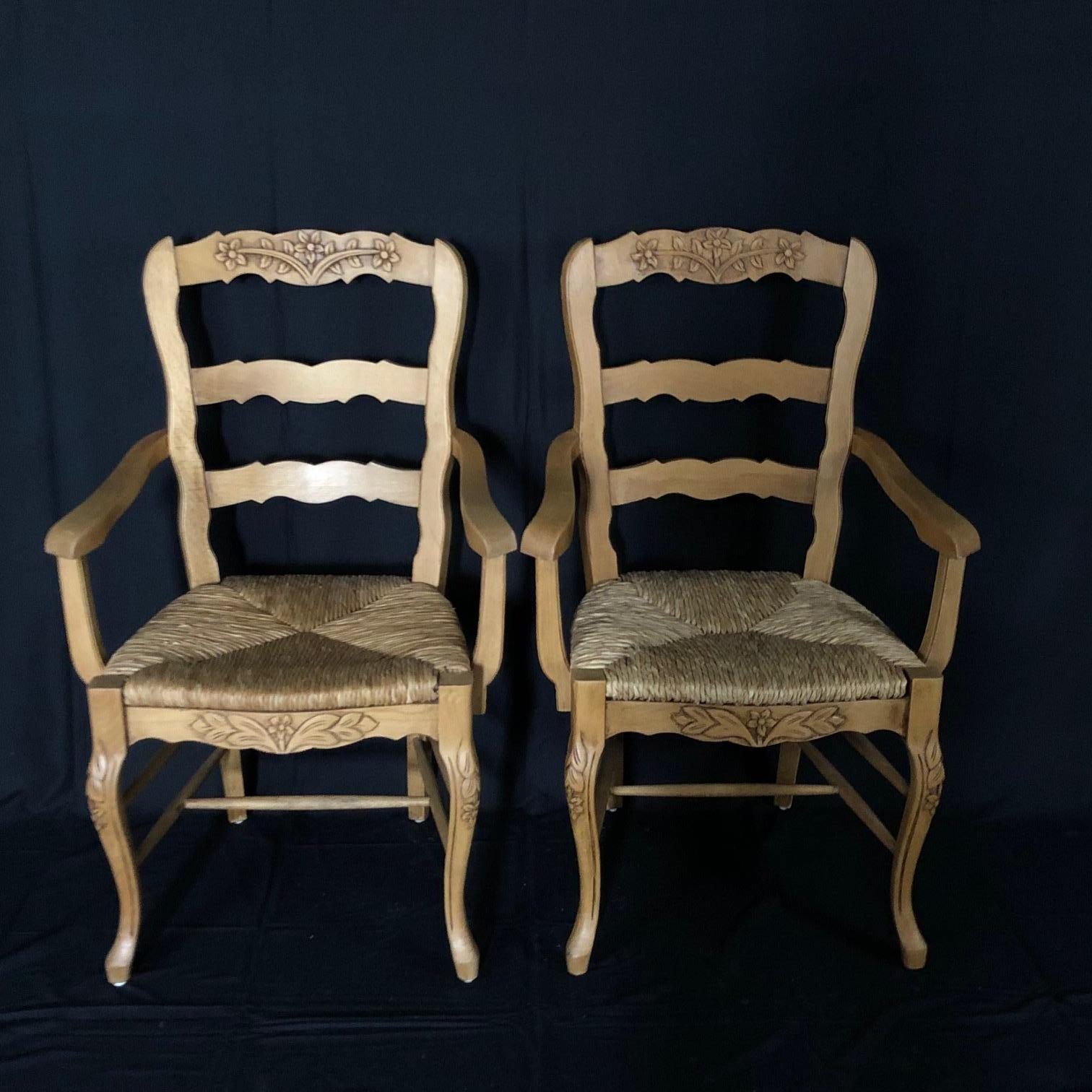 Set of Six French Provincial Carved Ladderback Dining Chairs with Rush Seats 7
