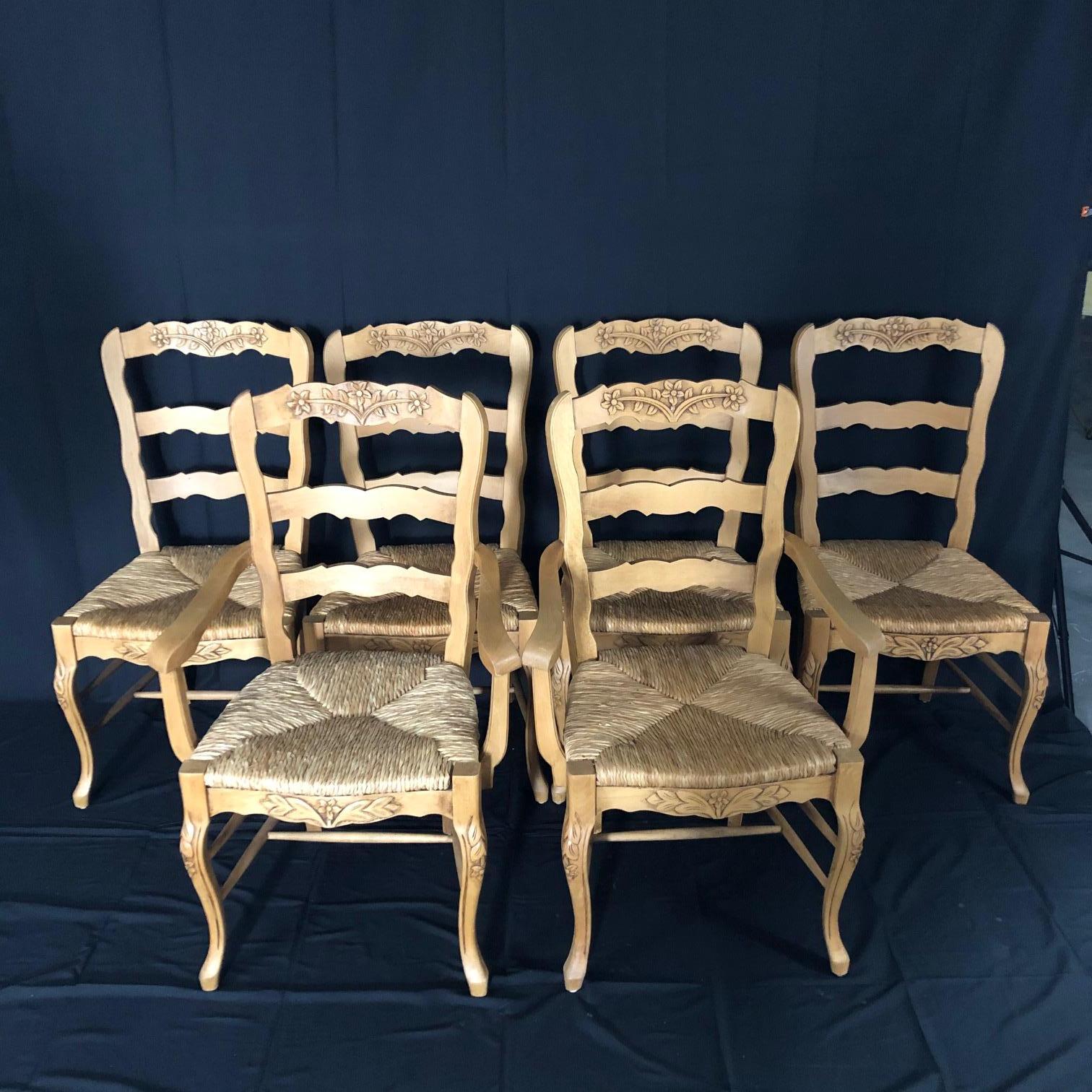 Mid-20th Century Set of Six French Provincial Carved Ladderback Dining Chairs with Rush Seats