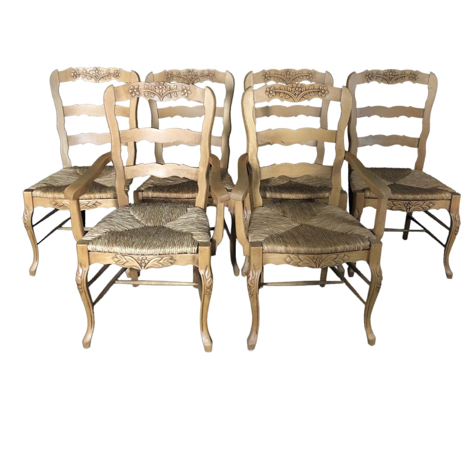 Set of Six French Provincial Carved Ladderback Dining Chairs with Rush Seats