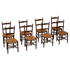 Set of Six French Provincial Ladder-Back Chairs with Rush Seats, France, 1940s