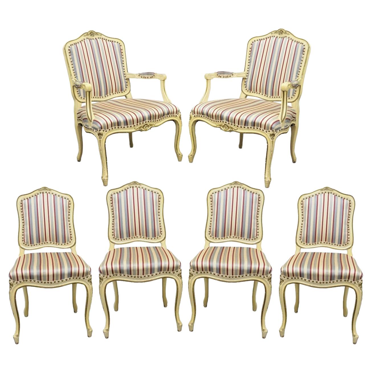 Set of Six French Provincial Louis XV Style Cream Painted Dining Room Chairs