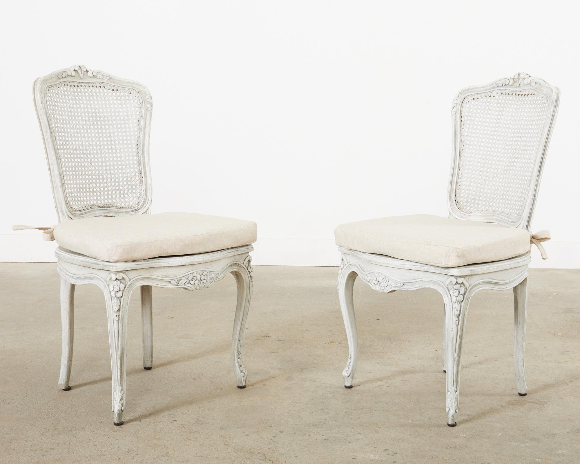 Linen Set of Six French Provincial Style Painted Cane Dining Chairs For Sale