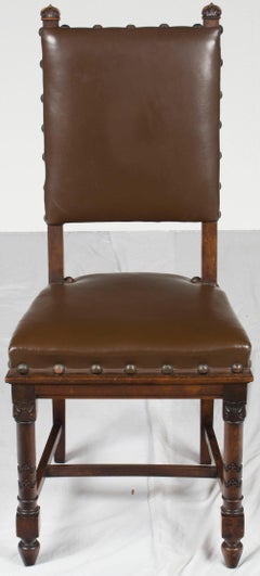 Set of Six French Renaissance Style Dining Room or Kitchen Chairs Brown Leather