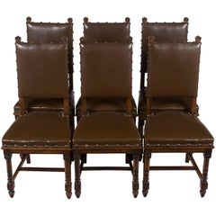 Set of Six French Renaissance Style Dining Room or Kitchen Chairs Brown Leather