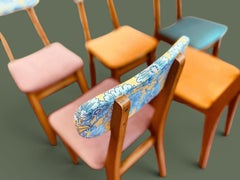Set of Six French Reupholstered Beech Dining Chairs, Floral and Velvet, 1960s