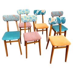 Set of Six French Reupholstered Beech Dining Chairs, Floral and Velvet, 1960s