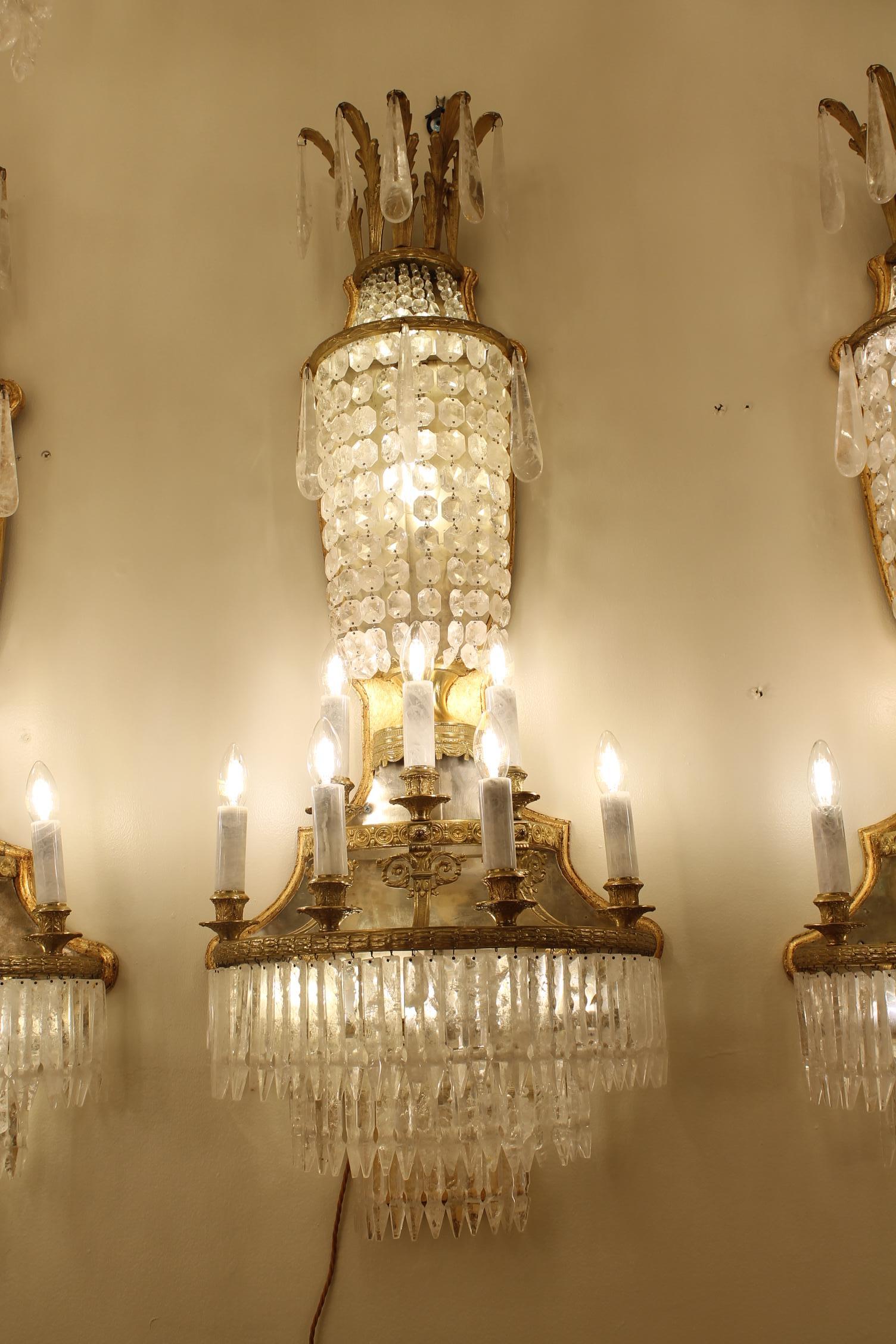 Brass Set of six French  rock crystal 11 light wall lights late 19th C For Sale
