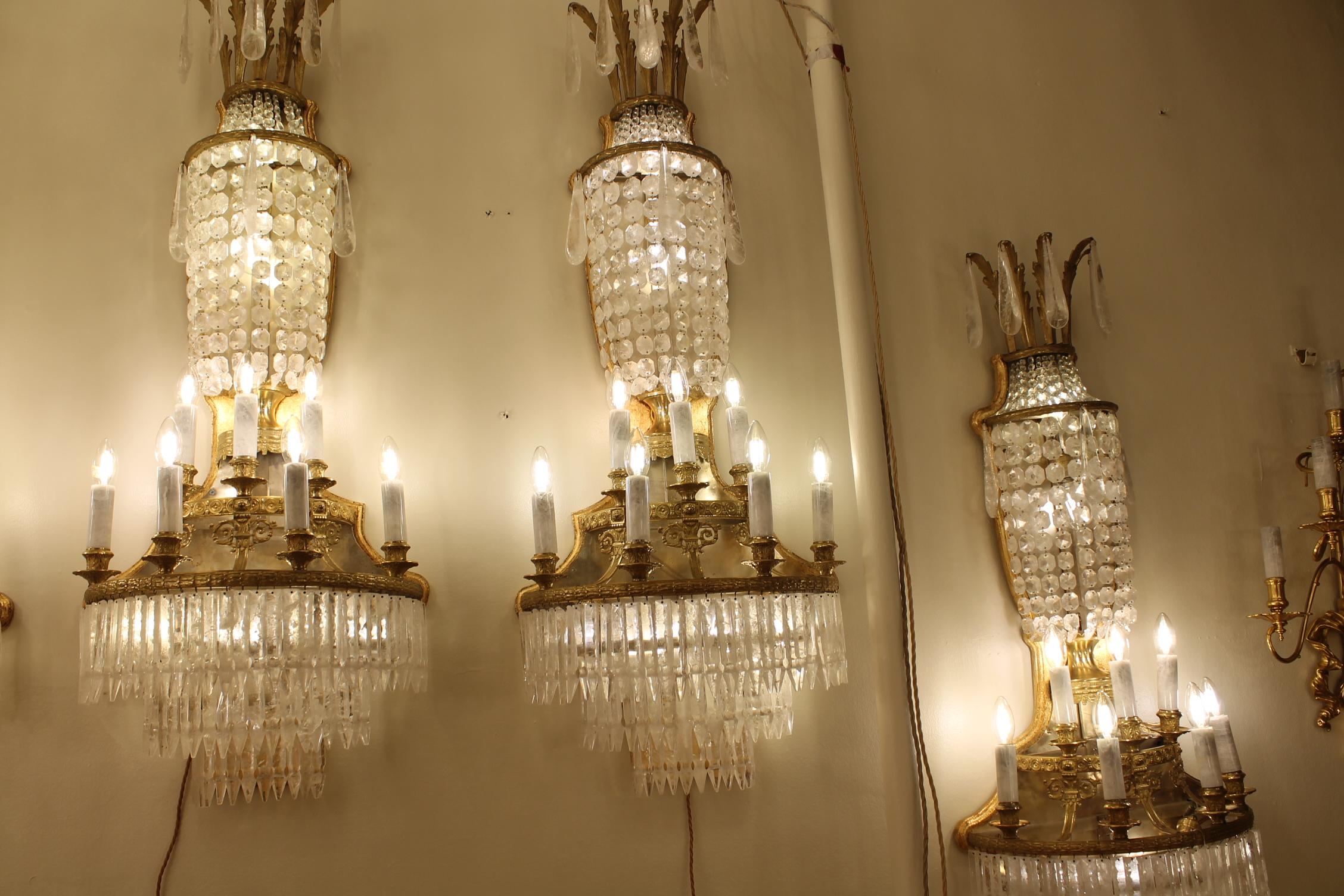 19th Century Set of six French  rock crystal 11 light wall lights late 19th C For Sale