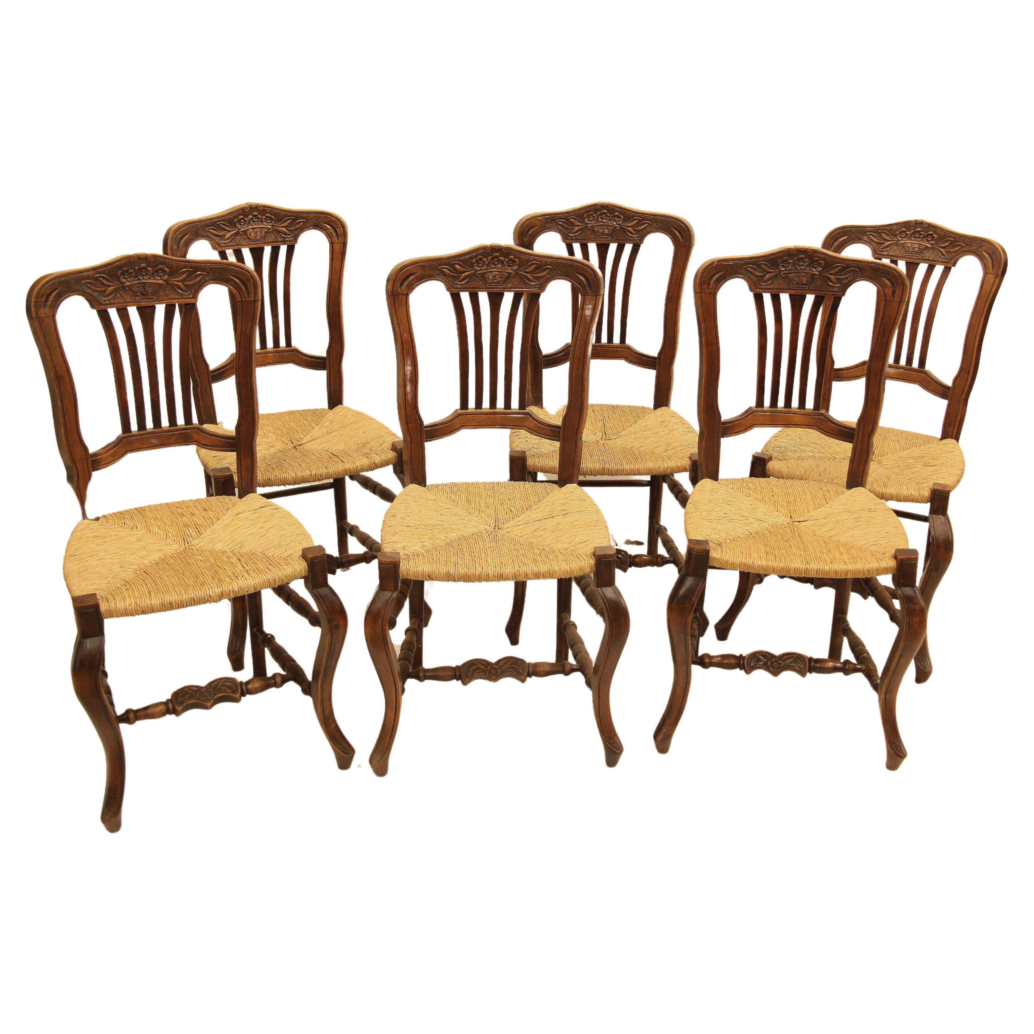 Set of Six French Rush Bottom Chairs