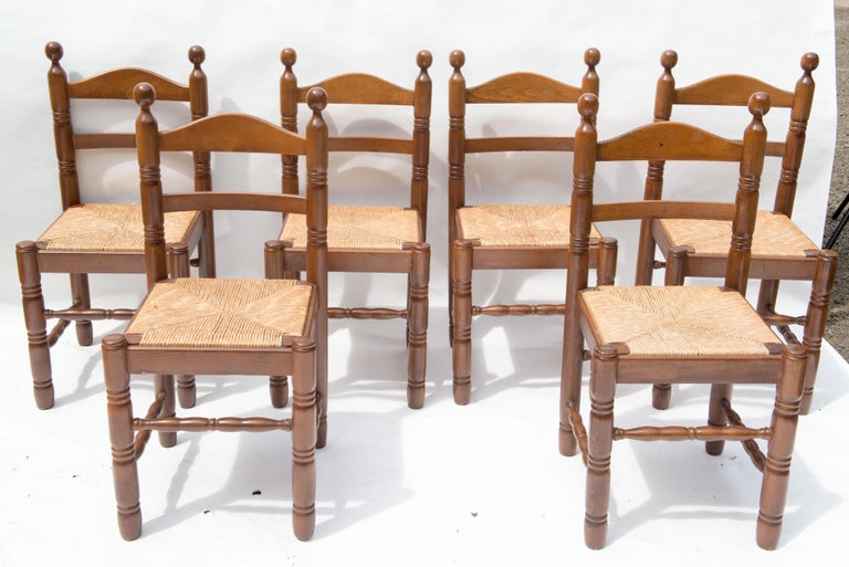 Set of Six French Rustic Beech Dining Chairs, 1960s For Sale at 1stDibs