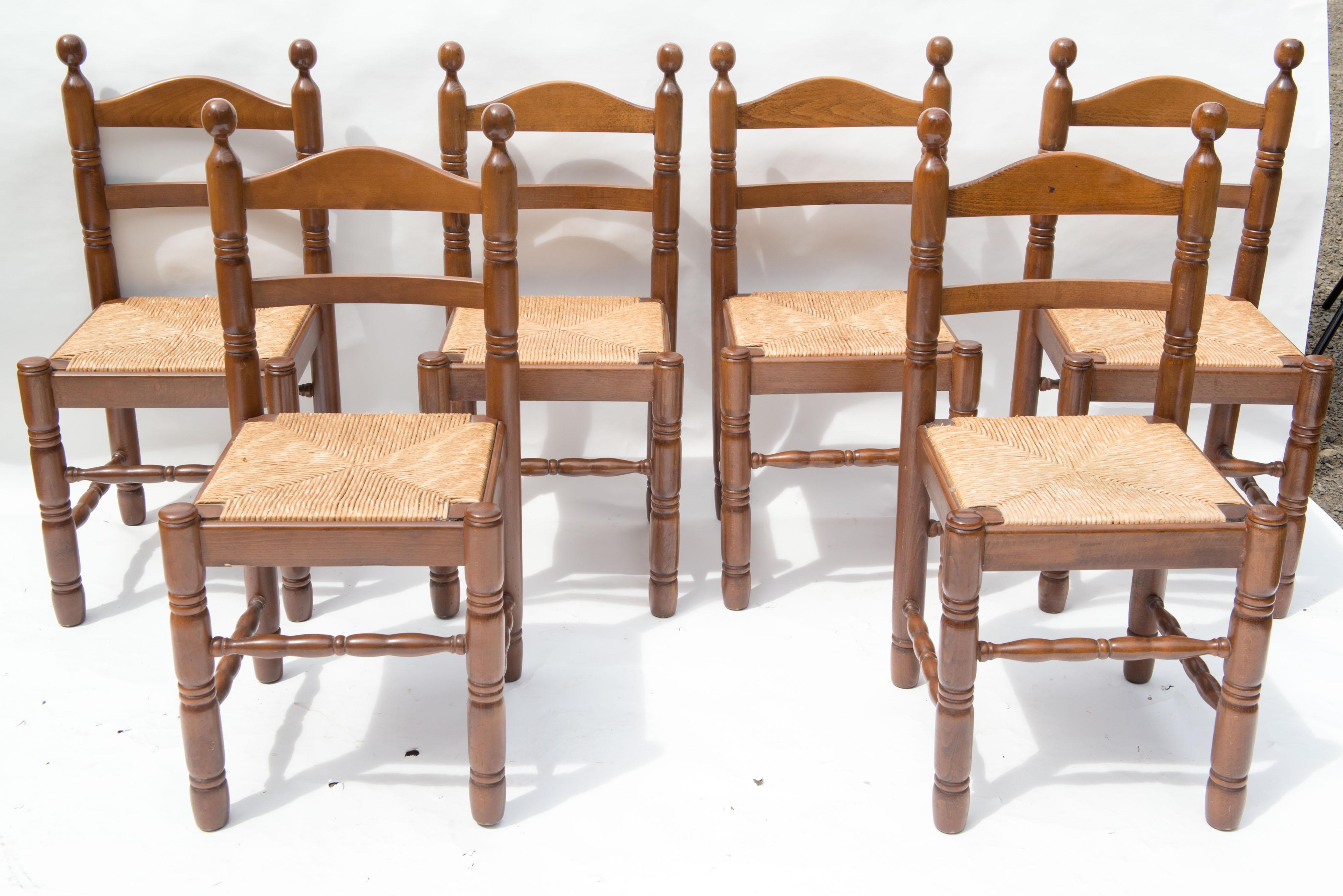 Turned Set of Six French Rustic Ladder Back Dining Chairs, 1960s