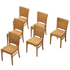 Set of Six French Rustic Dining Chairs in Woven Rush and Oak
