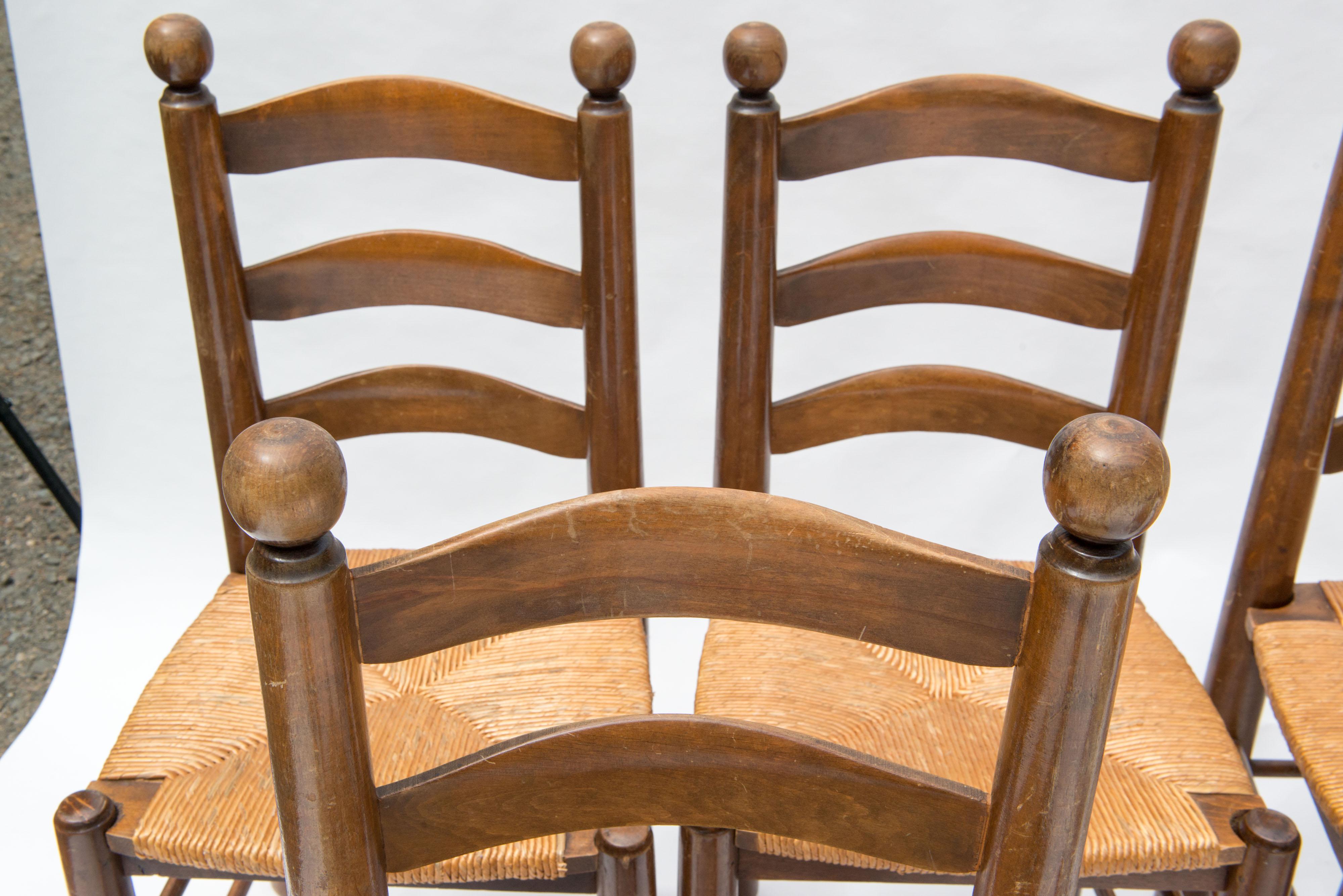 Rush Set of Six French Rustic Ladder Back Dining Chairs, 1960s