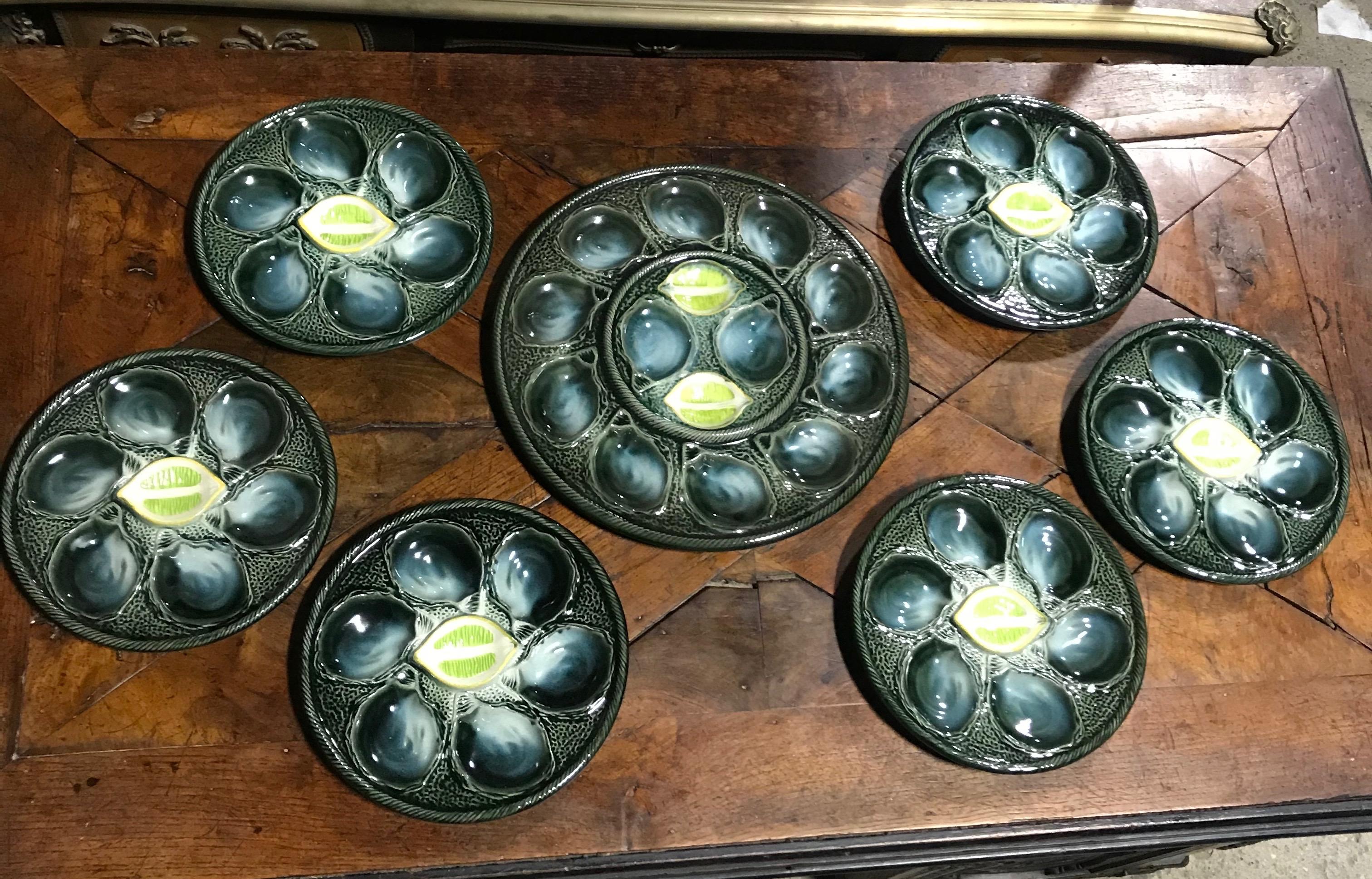 Set of Six French St. Clement Majolica Oyster Plates with Serving Platter 1