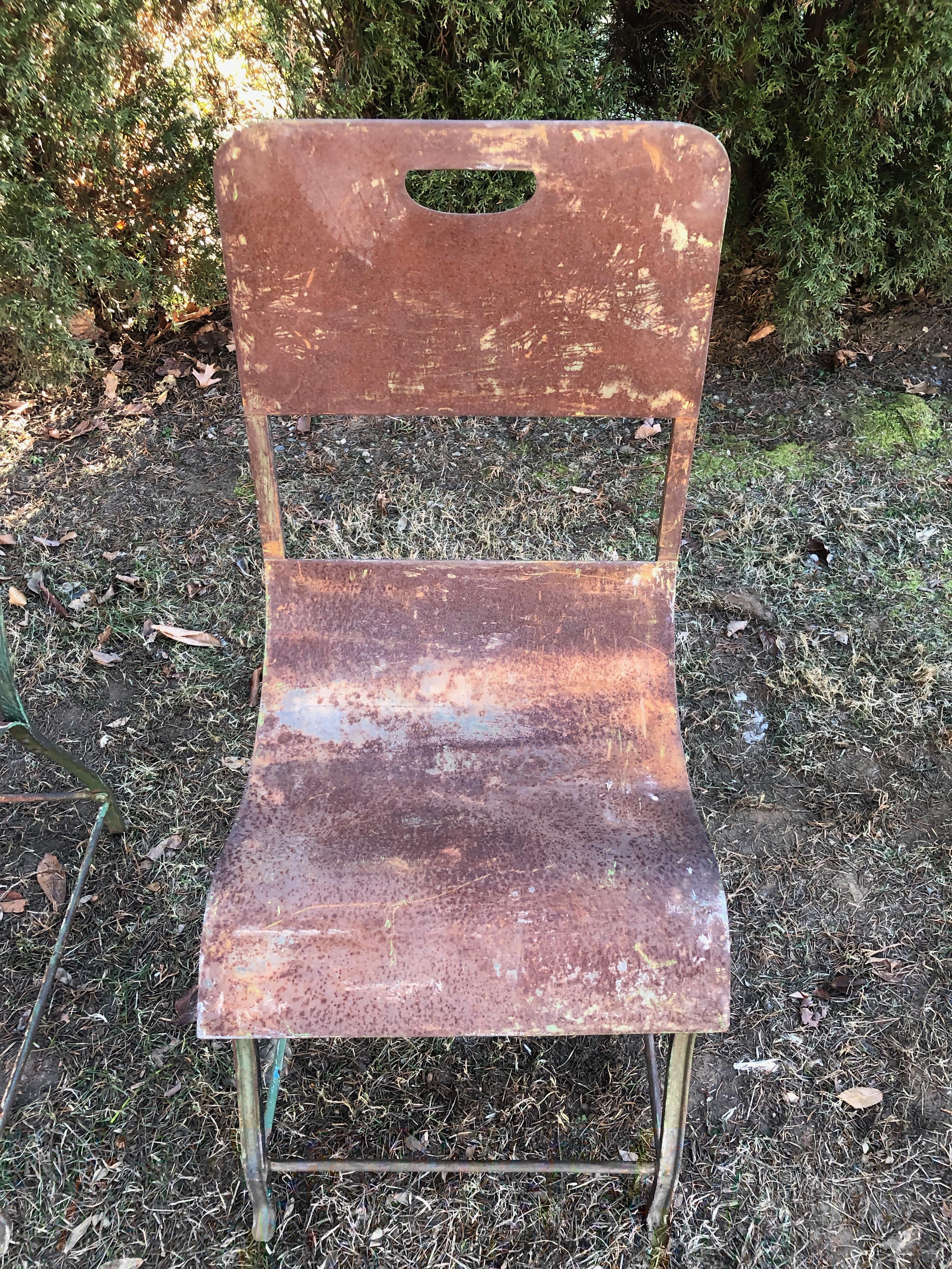 Set of Six French Steel Garden Chairs in Green Painted and Rusty Surface 5