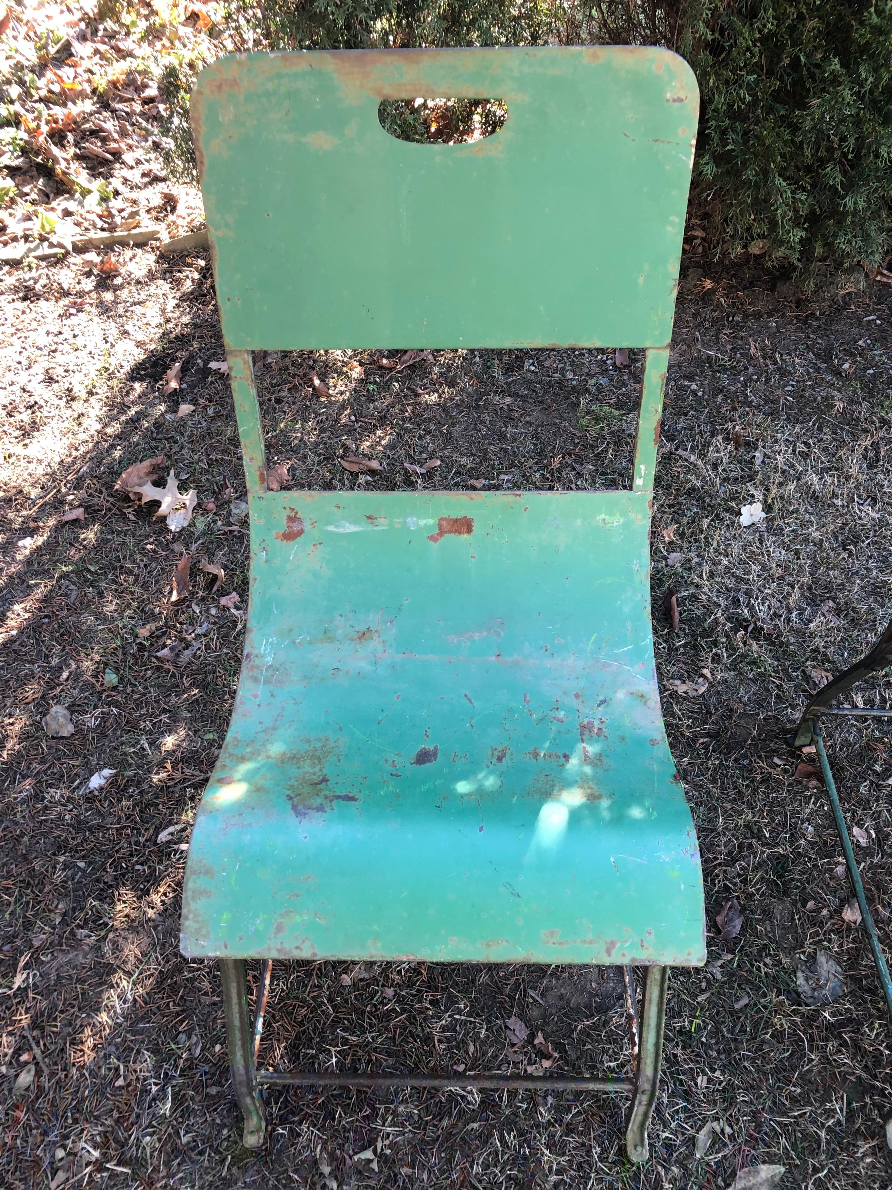 Set of Six French Steel Garden Chairs in Green Painted and Rusty Surface 6