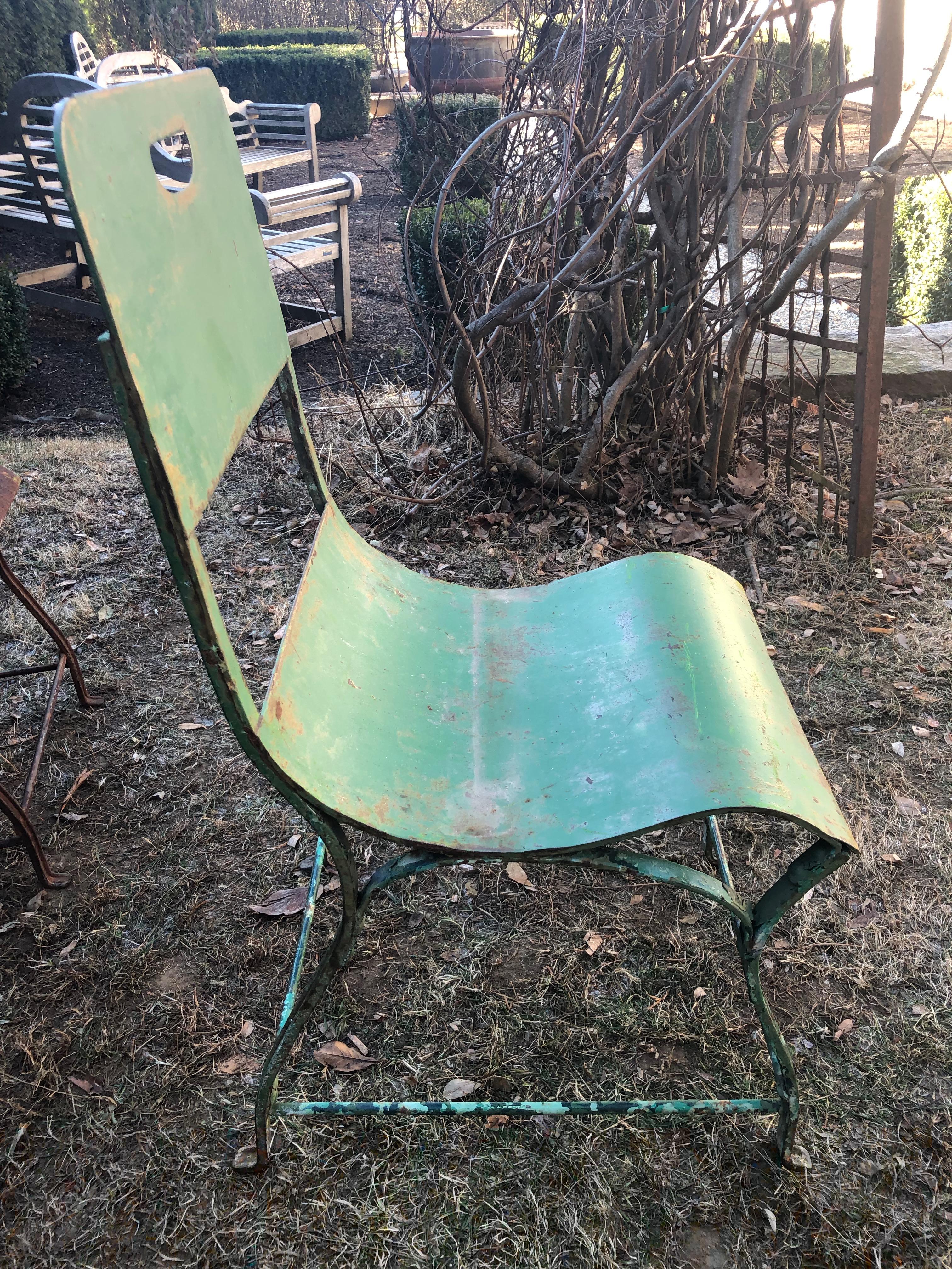 Set of Six French Steel Garden Chairs in Green Painted and Rusty Surface 7