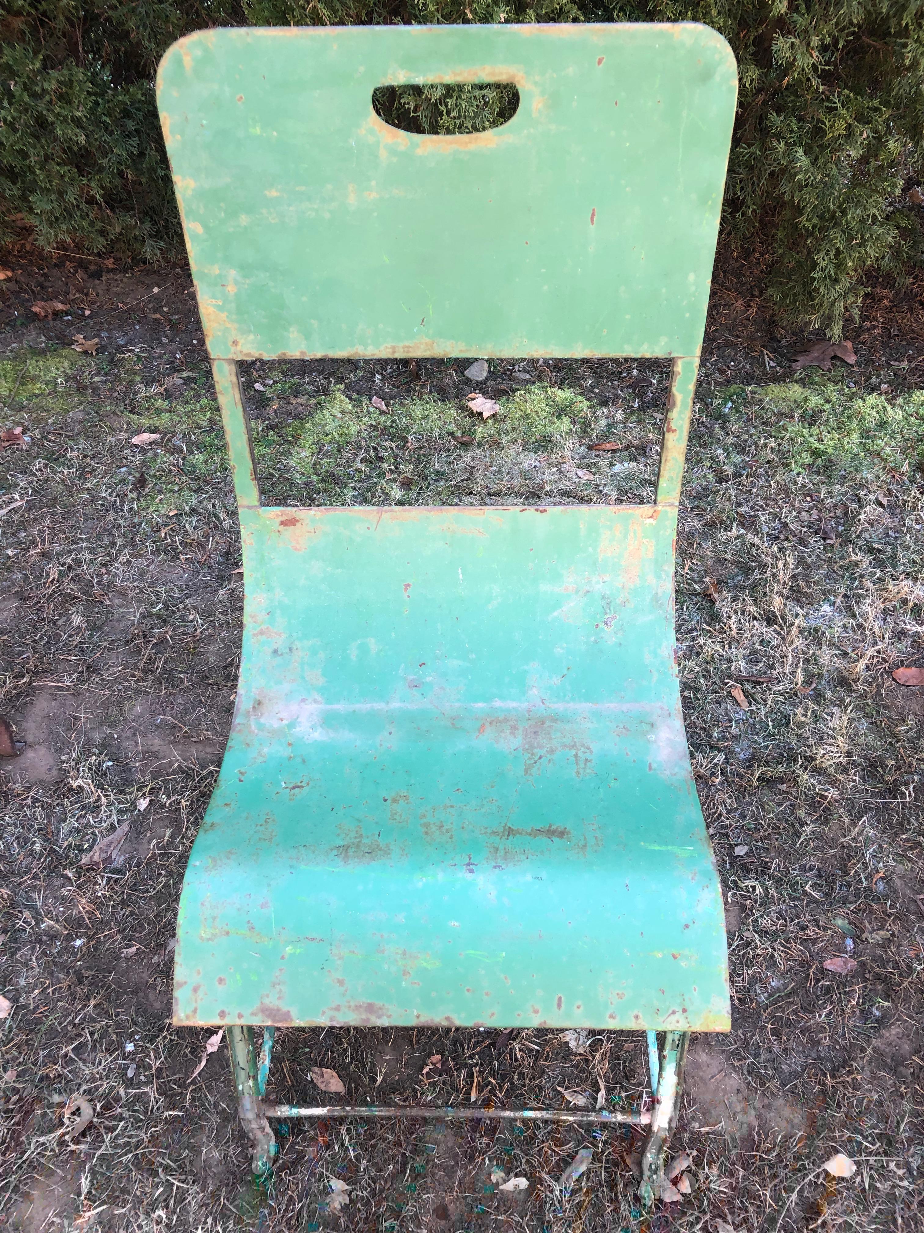 20th Century Set of Six French Steel Garden Chairs in Green Painted and Rusty Surface
