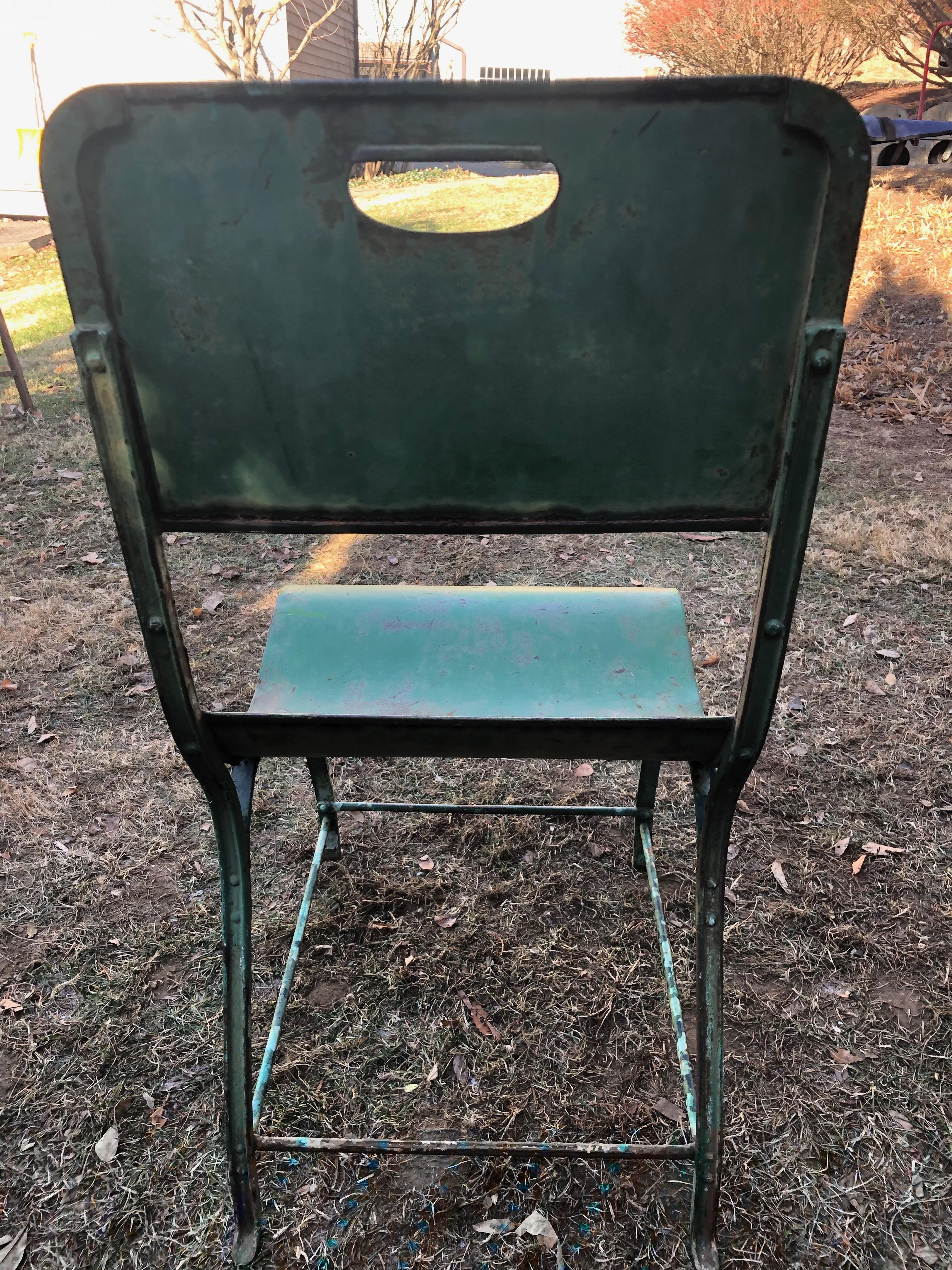 Set of Six French Steel Garden Chairs in Green Painted and Rusty Surface 2
