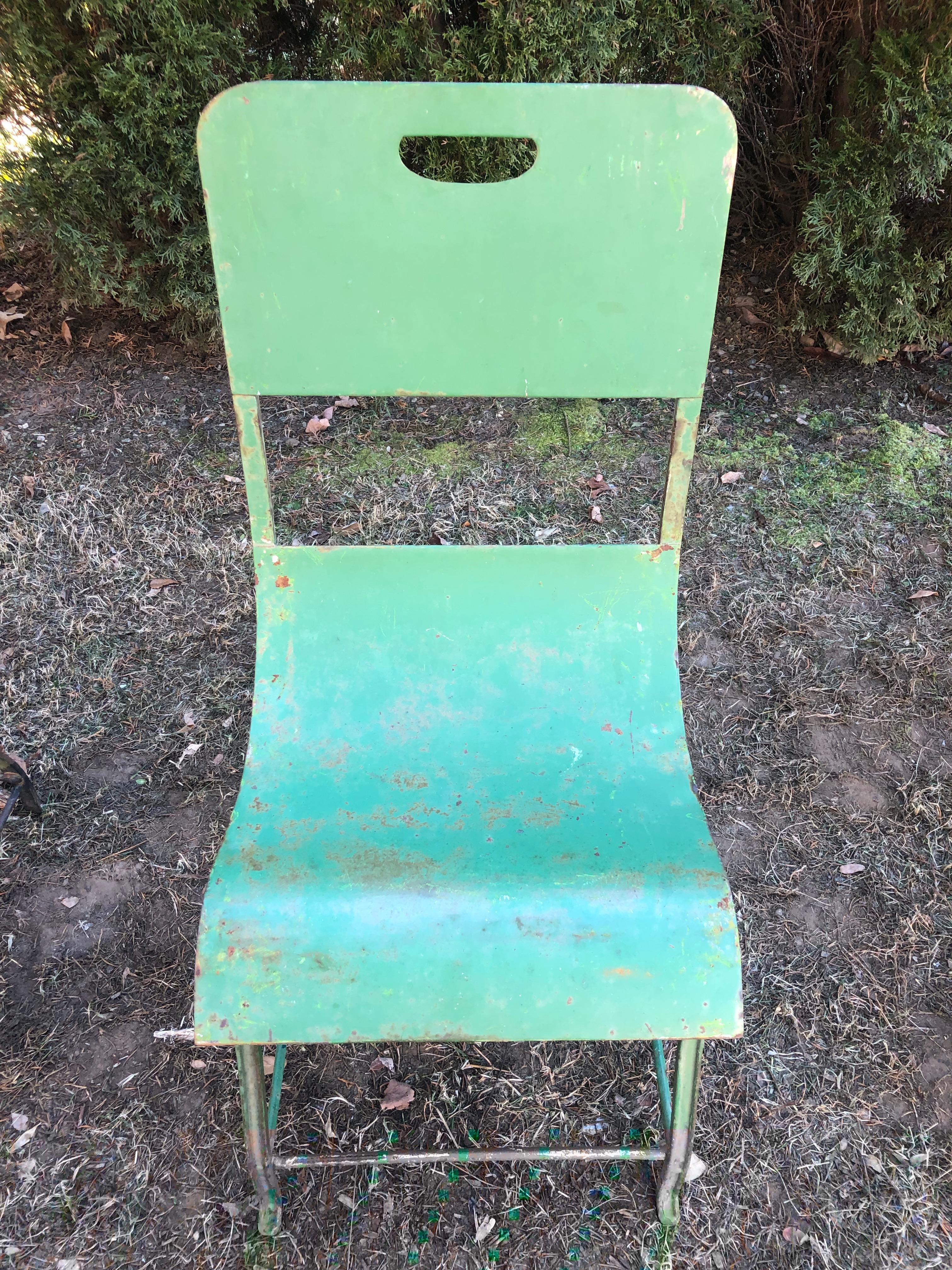 Set of Six French Steel Garden Chairs in Green Painted and Rusty Surface 4
