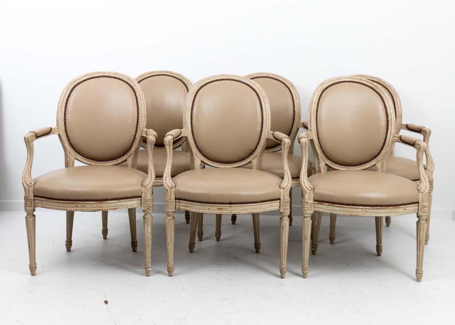 French Provincial Set of Six French Style Oval Back Leather Chairs For Sale
