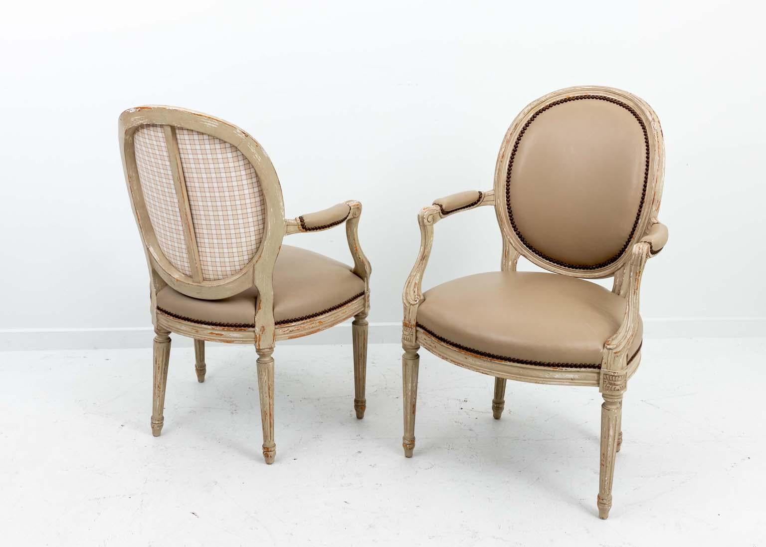 Set of Six French Style Oval Back Leather Chairs For Sale 2