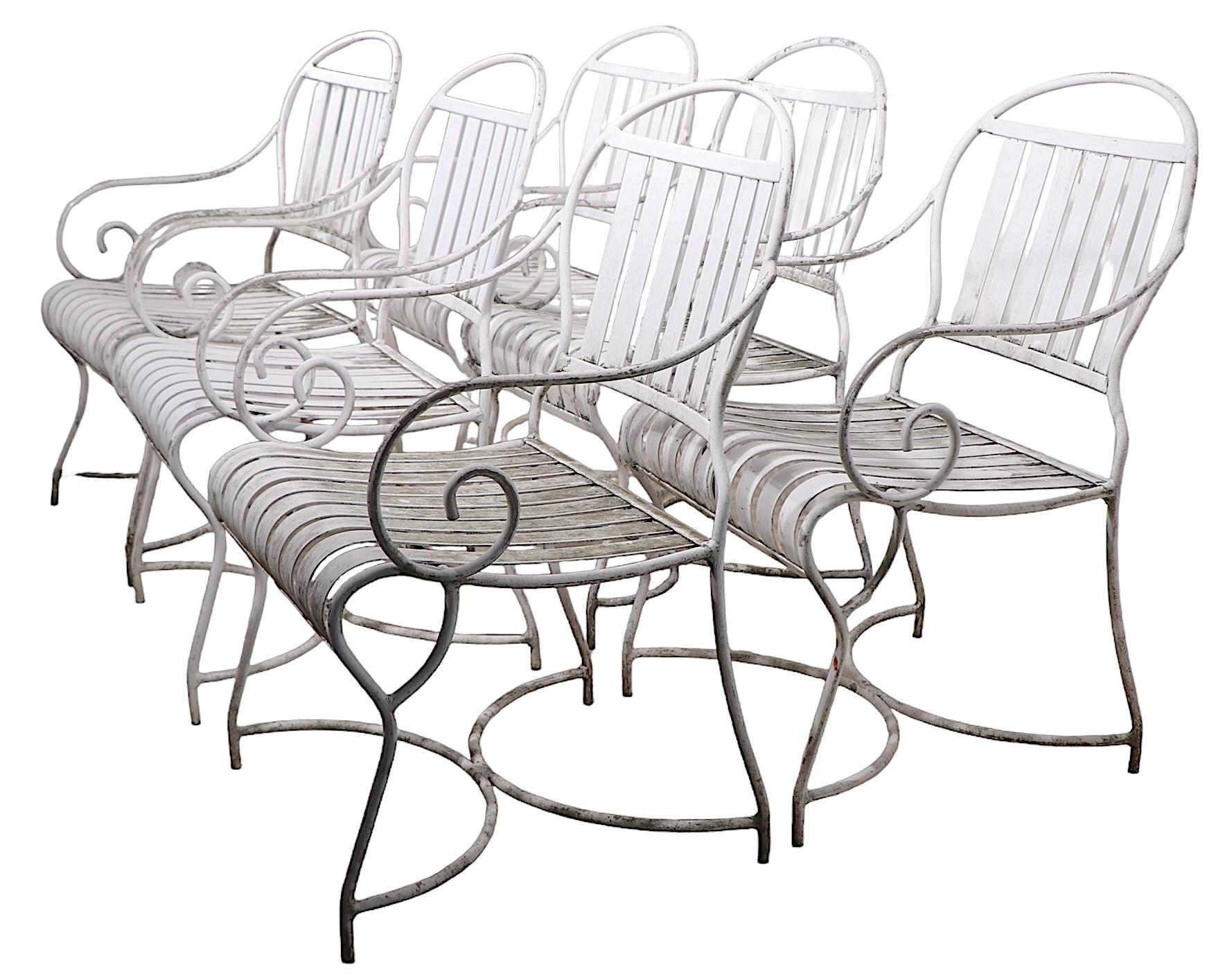 Set of Six French Style Vintage Garden Patio Poolside Dining Height Arm Chairs 4