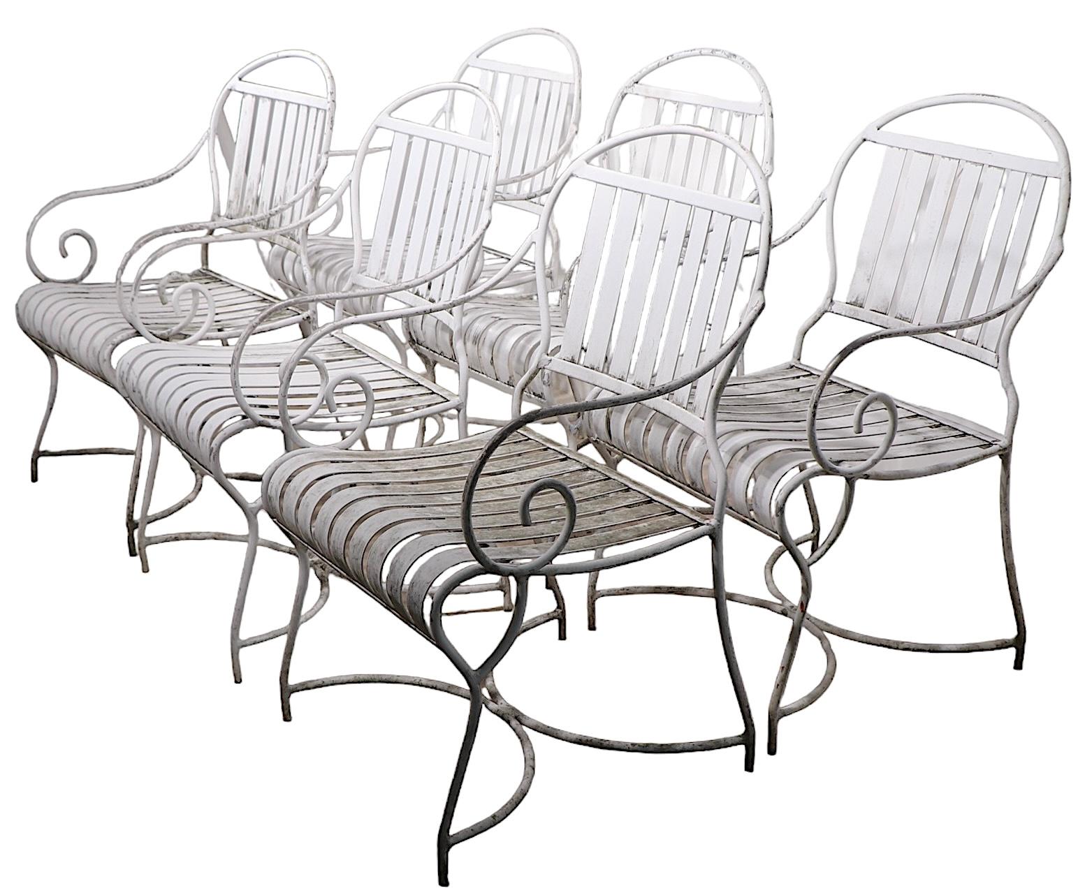 Set of Six French Style Vintage Garden Patio Poolside Dining Height Arm Chairs 5