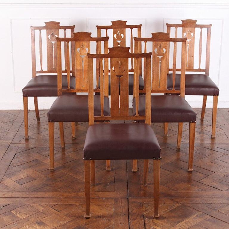 Set of Six French Walnut Art Nouveau Dining Chairs  For Sale 3