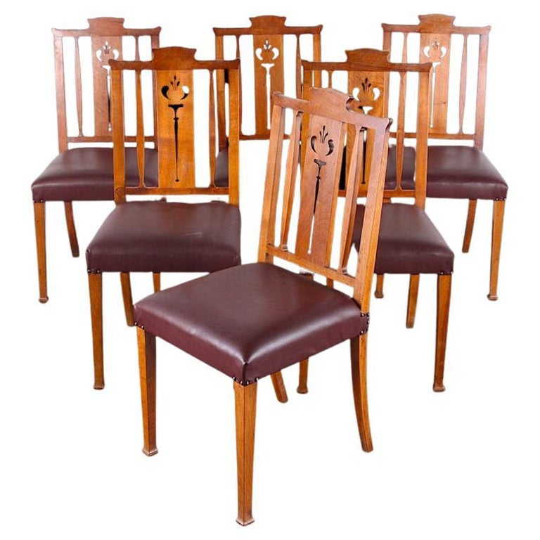 Set of Six French Walnut Art Nouveau Dining Chairs  For Sale