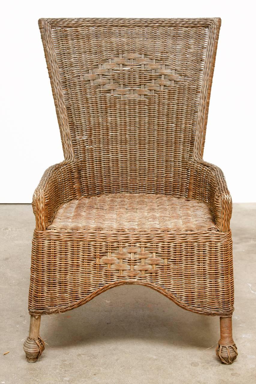Set of Six French Wicker and Rattan Patio Dining Chairs 6