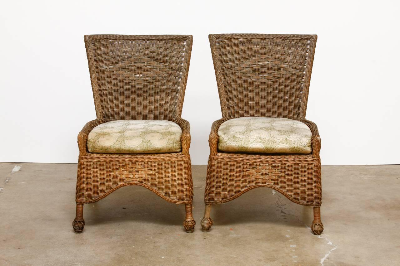 Rustic Set of Six French Wicker and Rattan Patio Dining Chairs