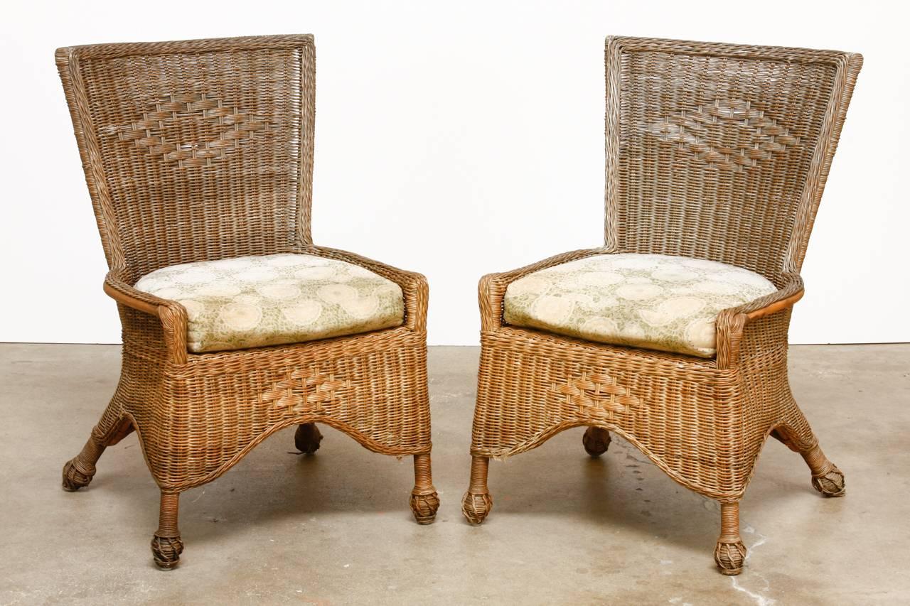 Hand-Crafted Set of Six French Wicker and Rattan Patio Dining Chairs