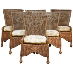 Ensemble de six chaises de salle à manger de patio en osier et rotin français