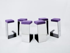 Set of six french wrought iron polished steel bouclé bar stools 1970s