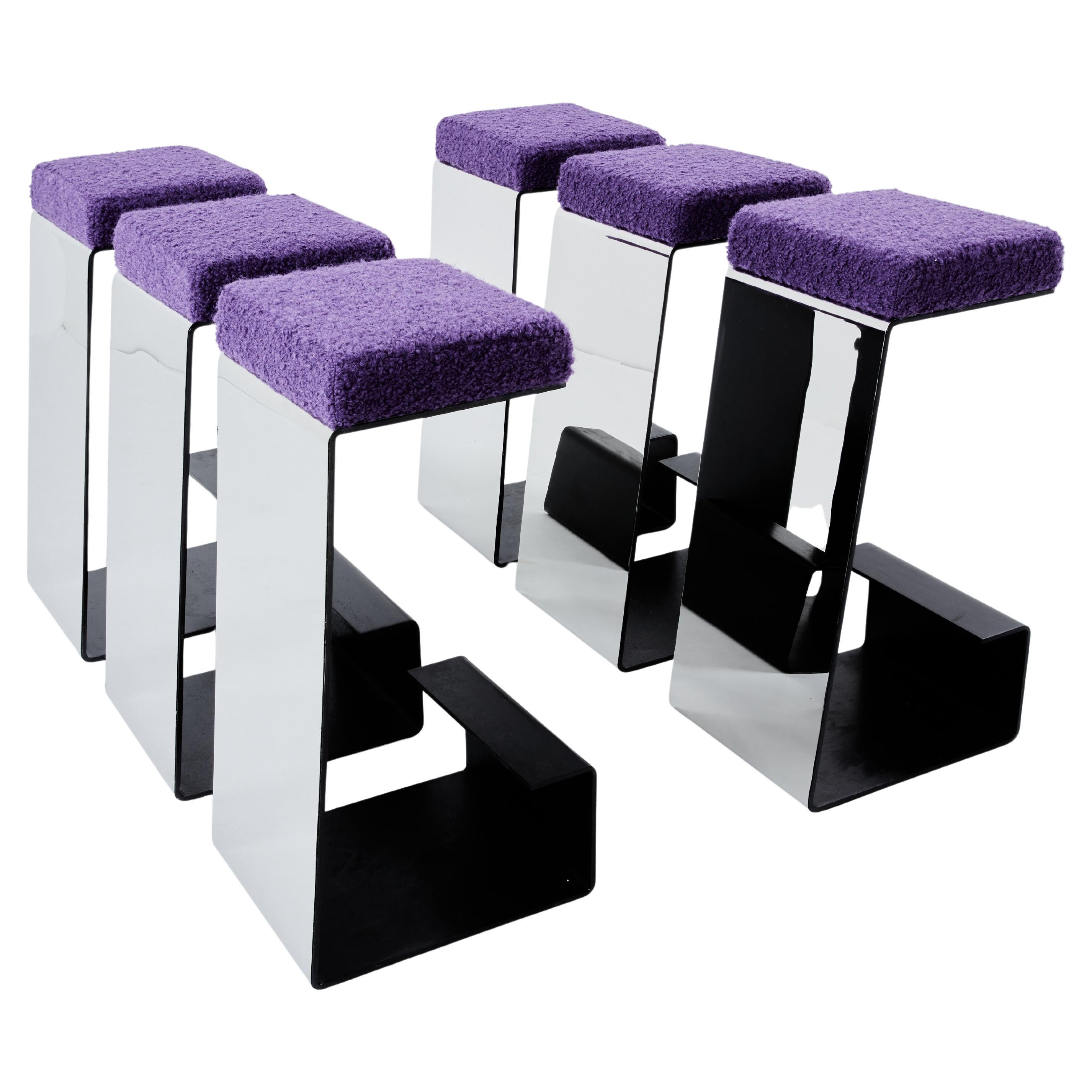 Set of six french wrought iron polished steel bouclé bar stools 1970s