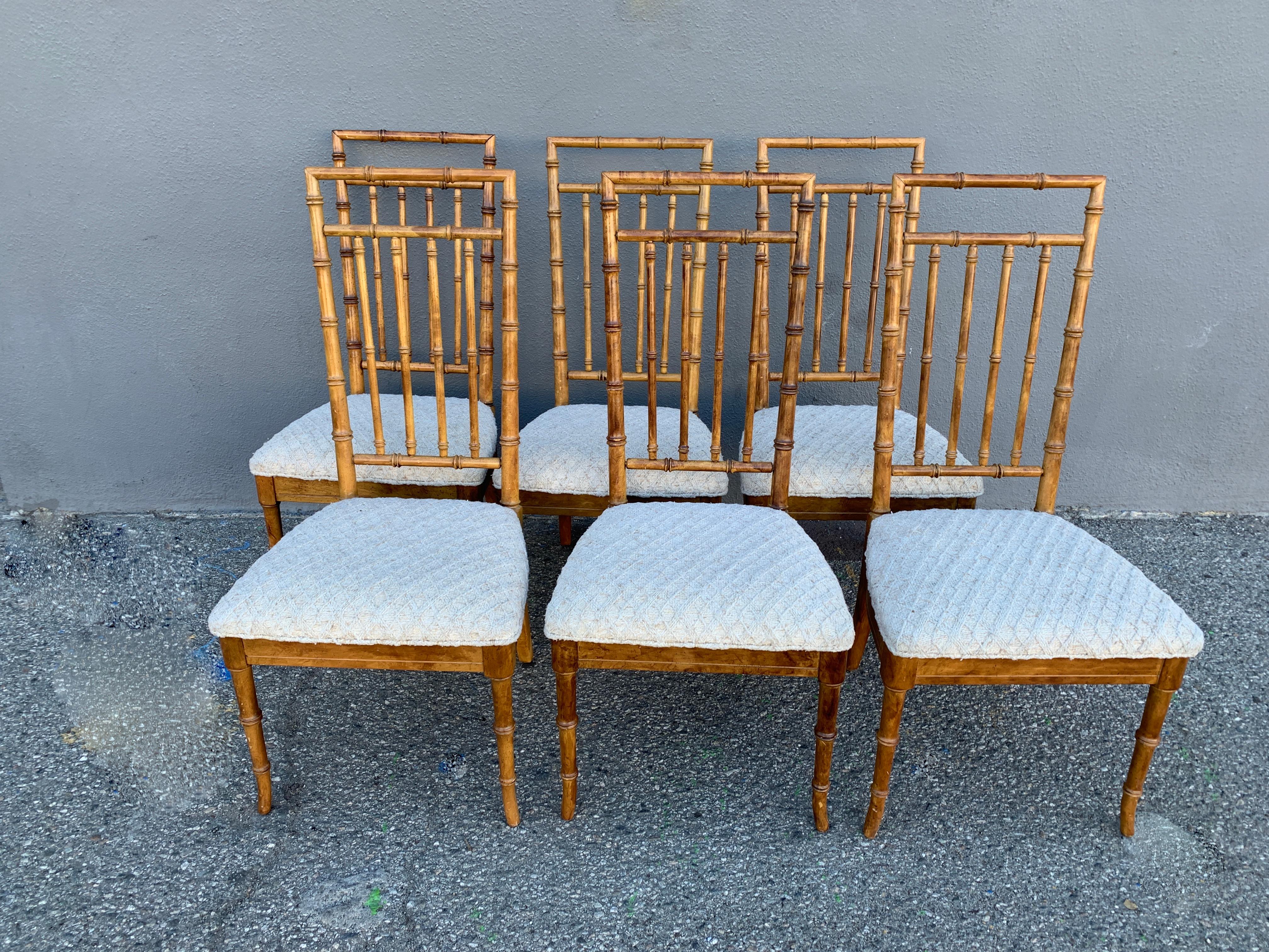Set of Six Upholstered Fruitwood Bamboo Style Dining Chairs 6