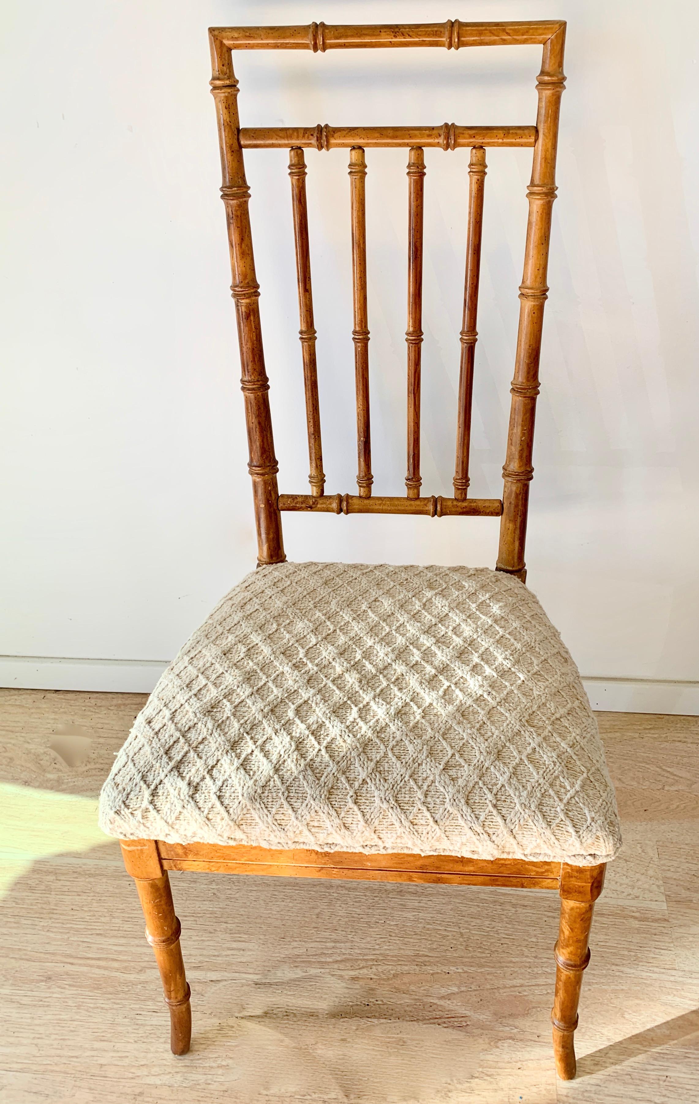 Set of six fruitwood bamboo style dining chairs - Very nice highback chairs of fruitwood, made to represent chinoiserie or bamboo. The perfect complement to any dining room - Ralph Lauren styles and traditional to modern.

The current upholstery